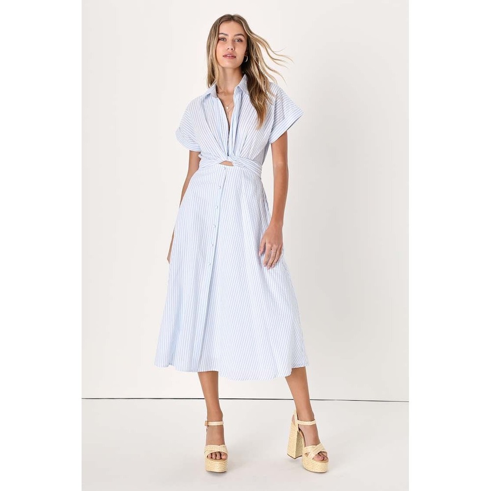 Lulus Blue White Striped Seersucker Tie Collared Midi Dress Size Small NWT - Picture 11 of 11